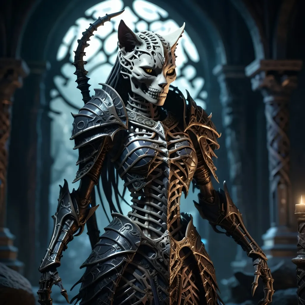 Prompt: skeletal bone Queen, dark color scheme, (fantasy RPG style), mysterious atmosphere, eerie background, intricate detailed armor, feline features woven into the design, dynamic pose, shadows and highlights emphasizing depth, high-adrenaline scene, (4K), ultra-detailed, magical aura surrounding the character, enchanting yet ominous vignette, dramatic composition.