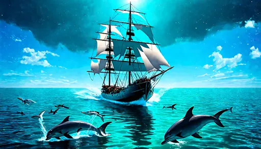 Prompt: (futuristic-sci-fi three masted sailing ship clear body), (traveling swiftly) across a (realistic ocean), (sails full of wind), (dolphins breaching playfully) in front of the ship's bow, serene and tranquil atmosphere, (cool color scheme with shades of blue and teal), crystal clear water, vibrant reflections, ultra-detailed, cinematic lighting, creating a dreamlike scene that captivates the viewer.