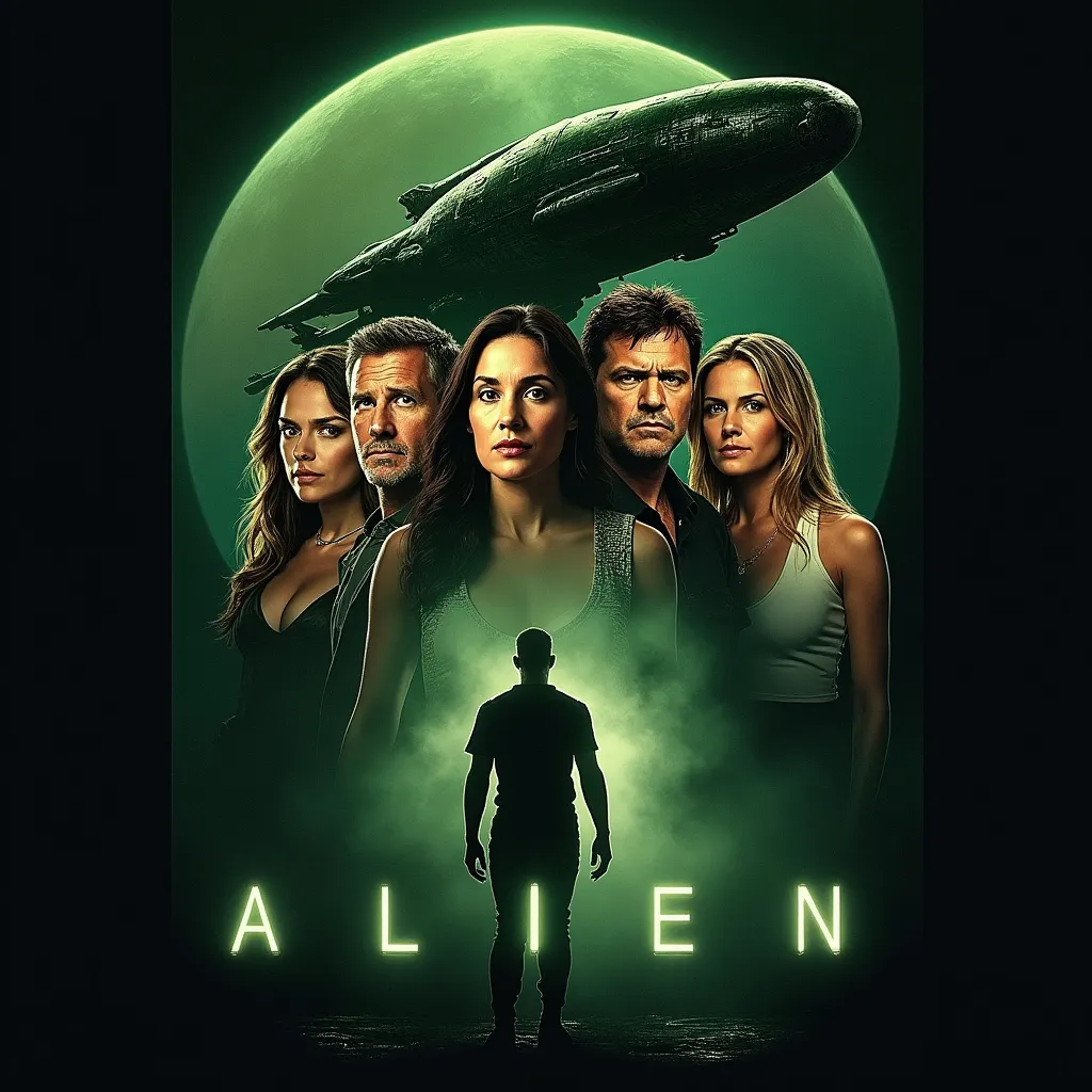 Prompt: Alien the movie, poster featuring the cast and  of the movie, the Nostromo spaceship in the background and the Alien creature hiding in the shadows