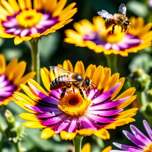 Prompt: (Honey bees walking on flowers rear legs full of pollen), vibrant theme, rich color tones, warm sunlight, blooming flowers, garden, sunny day, bright and cheerful atmosphere, detailed floral patterns, lush greenery, photorealistic, close-up of bees, intricate wing details, nature, summer vibes, whimsy, high-definition, ultra-detailed, vivid and lively aura, crisp focus, 4K.