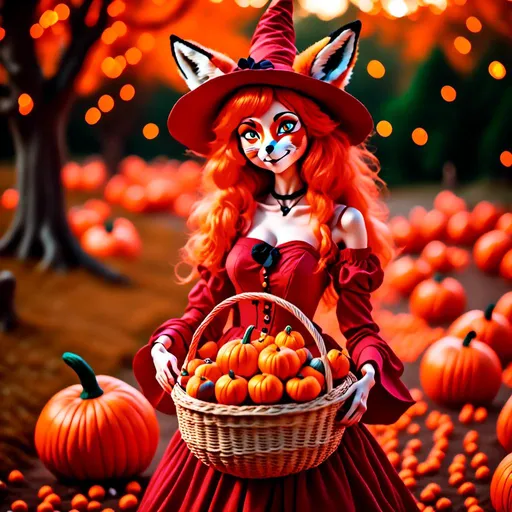 Prompt: <mymodel>(mymodel) Red Foxy Dressed as a Witch, anime style, (pastel color scheme), enchanting scene, whimsical atmosphere, offering a giant basket of candy corns and candy corn pumpkins, joyful children excitedly reaching for treats, magical twilight background, soft lighting, dreamy vibe, ultra-detailed, vibrant candy colors, full of charm and delight.