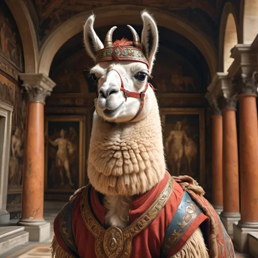 Prompt: (anthropomorphic llama, hugely muscled, heroic pose), (Renaissance art style), warm color palette, rich textures, detailed anatomy, dramatic lighting, heroic atmosphere, uplifting mood, intricate background featuring classical architecture, soft brush strokes, vivid depictions of strength and valor, highly detailed, 4K quality, evocative and timeless composition