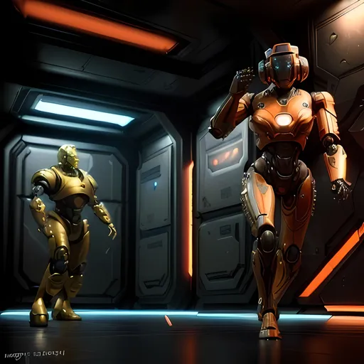 Prompt: photorealistic, (futuristic-sci-fi style), (warm color scheme),robots in love,  (highly detailed), intense action, vibrant lighting, immersive sci-fi ambiance, dramatic shadows, intricate mechanical features, metallic textures, highly defined characters in combat, cinematic composition, 4K quality, fast-paced tension.