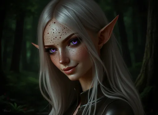 Prompt: @2ySEgbBuCqMM1ibfPoPris posing for an extreme close-up facial shot, face on with one eyebrow cocked  upward, the other eyebrow slightly down, she has a sardonic smirk on her face, a slight tilt sideways to her head. in a verdant green forest, her eyes are amethyst in color, she wears no makeup and her freckles are prominent, the Photos are from a 50mm lense f/12 shutter 1/350 low-key lighting, dramatic chiaroscuro, underexposed, deep shadows, night photography, or moody atmosphere.