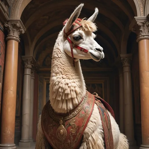 Prompt: (anthropomorphic llama, hugely muscled, heroic pose), (Renaissance art style), warm color palette, rich textures, detailed anatomy, dramatic lighting, heroic atmosphere, uplifting mood, intricate background featuring classical architecture, soft brush strokes, vivid depictions of strength and valor, highly detailed, 4K quality, evocative and timeless composition