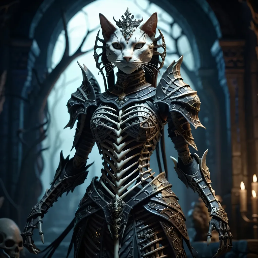 Prompt: skeletal bone Queen, dark color scheme, (fantasy RPG style), mysterious atmosphere, eerie background, intricate detailed armor, feline features woven into the design, dynamic pose, shadows and highlights emphasizing depth, high-adrenaline scene, (4K), ultra-detailed, magical aura surrounding the character, enchanting yet ominous vignette, dramatic composition.