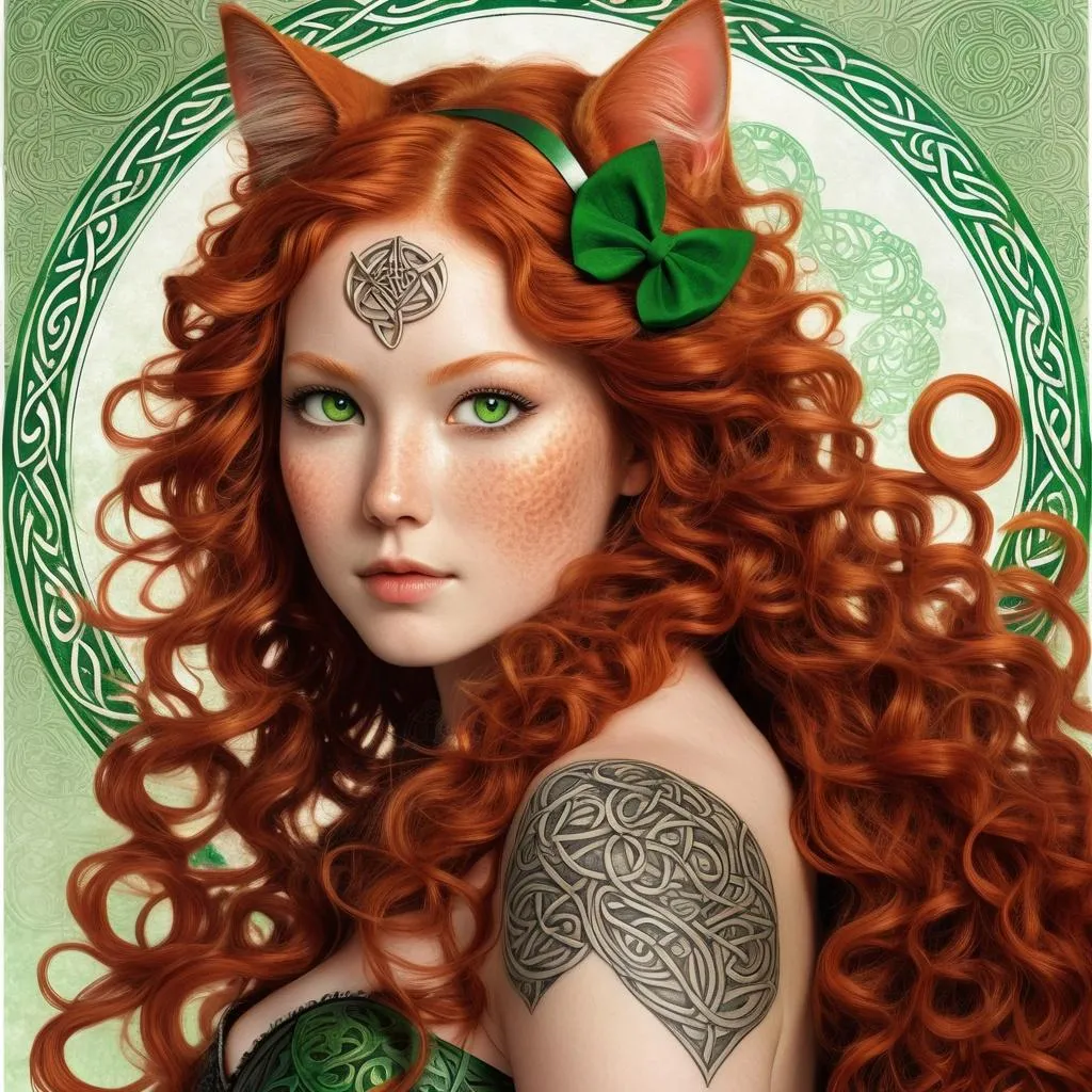 Prompt: Japanese ink art, Celtic woman, face with cat ears and tail, long red curly hair, detailed green eyes, realistic pose, detailed skin texture, full body view, detailed Japanese background, diffused lighting, delicate, artistic, beautiful,