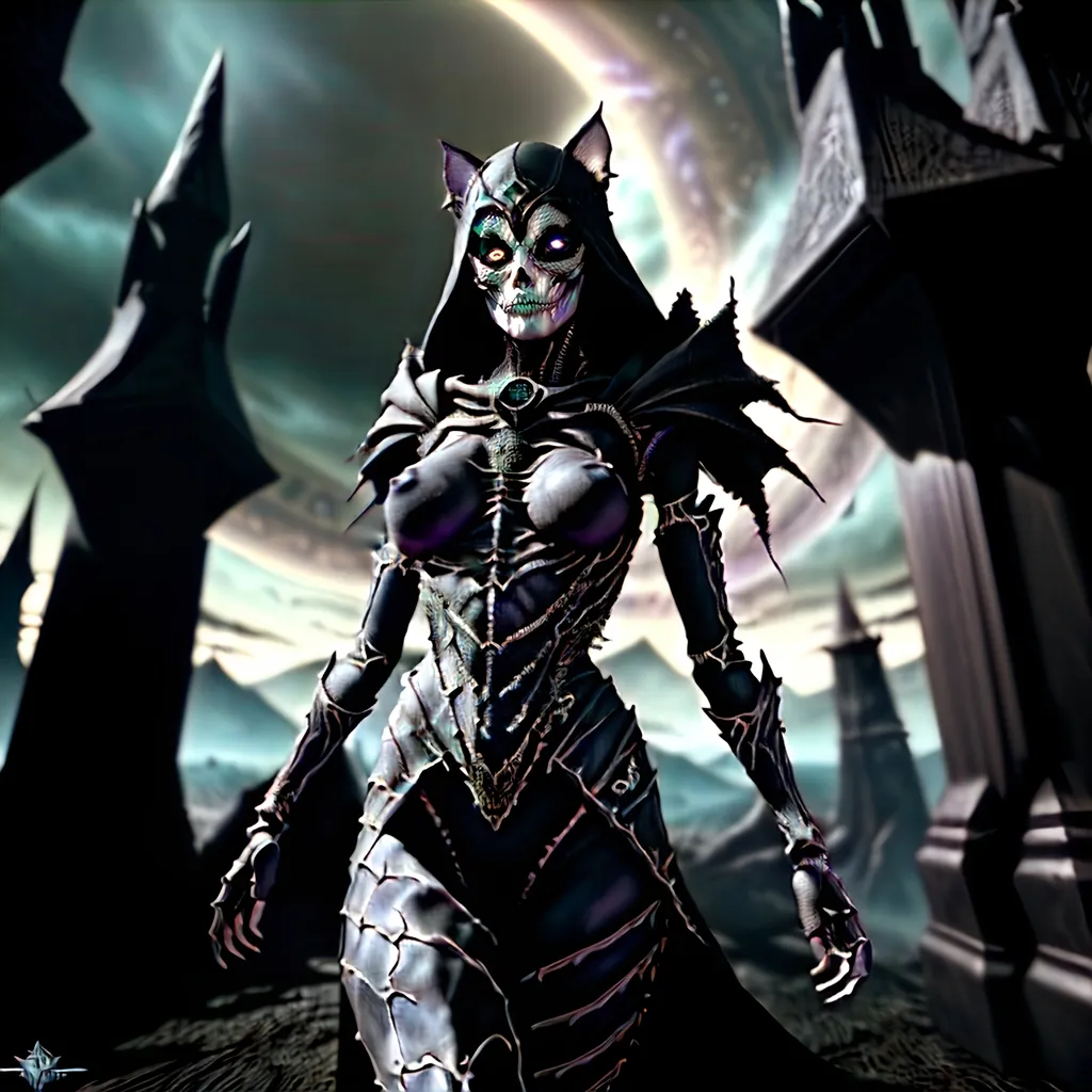 Prompt: skeletal bone Queen, dark color scheme, (fantasy RPG style), mysterious atmosphere, eerie background, intricate detailed armor, feline features woven into the design, dynamic pose, shadows and highlights emphasizing depth, high-adrenaline scene, (4K), ultra-detailed, magical aura surrounding the character, enchanting yet ominous vignette, dramatic composition.