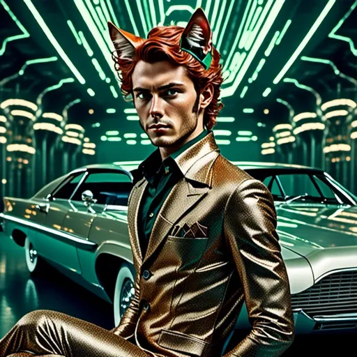 Prompt: <mymodel> Full body view of Man with cat ears in 1960's  futuristic Automobile Advertisement, matching cat ears to hair color, extremely detailed, intricate clothing, high quality, intricate, futuristic-retro futurism, historical, detailed hair, detailed spaceship in background
