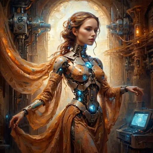 Prompt: (Robotic Cybernetic Woman), fantasy style, ethereal gossamer dress, (dramatic lighting), warm color scheme, (radiant light) illuminating silhouette, soft glow effect, enchanting ambiance, intricate mechanical details, serene expression, flowing fabric textures, surreal background, high depth, 4K quality, captivating atmosphere, cinematic and otherworldly vibes.