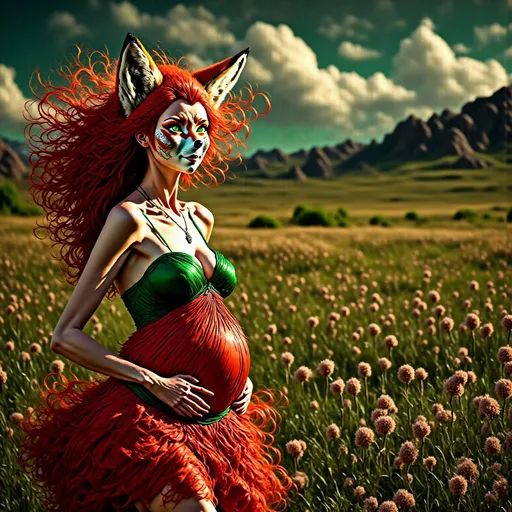 Prompt: Beautiful radiant pregnant woman dancing in a field of heather in the rain, lightning and dark clouds behind her