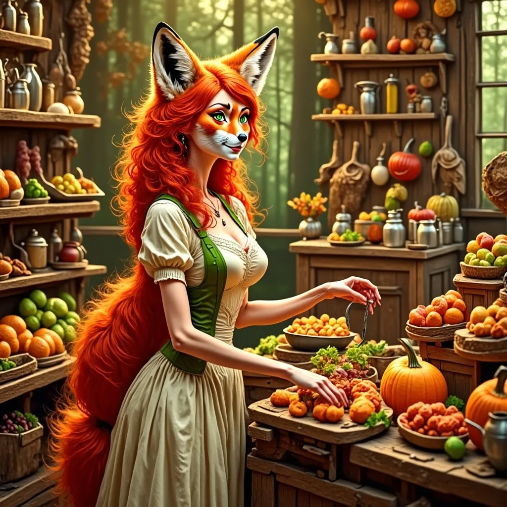 Prompt: (fantasy style), woman shopping at a lavish store, surrounded by colorful Thanksgiving food, delicate pastel color scheme, intricate details, ornate decorations, whimsical ambiance, cozy atmosphere, soft lighting, high-quality and ultra-detailed, seasonal produce, warm and inviting scene capturing the spirit of Thanksgiving.