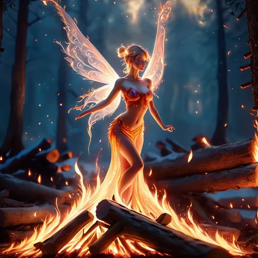 Prompt: (open hearth), (a fire fairy dancing atop the logs), fantasy style, warm color scheme, glowing embers illuminating the surroundings, ethereal ambiance, flickering shadows, intricate flames creating fluid motion, high detail, 4K, cinematic atmosphere, soft light casting a magical glow, enchanting and captivating scene.