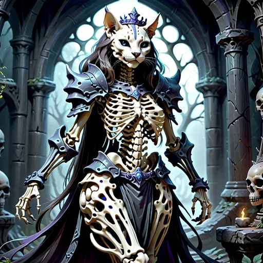 Prompt: skeletal bone Queen, dark color scheme, (fantasy RPG style), mysterious atmosphere, eerie background, intricate detailed armor, feline features woven into the design, dynamic pose, shadows and highlights emphasizing depth, high-adrenaline scene, (4K), ultra-detailed, magical aura surrounding the character, enchanting yet ominous vignette, dramatic composition.