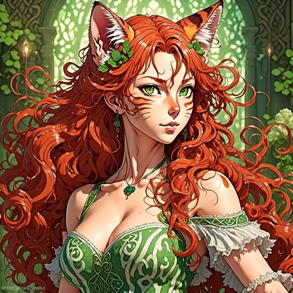 Prompt: <mymodel> 35 year old Celtic woman, Full Color Fantasy  illustration of a Celtic woman with cat ears and tail, detailed long red curly hair, detailed green eyes, detailed skin texture, full body view, delicate, diffused lighting, beautiful, artistic, detailed, fantasy style Celtic background, long hair, detailed eyes, full-body pose dancing, elegant, ethereal, soft lighting
