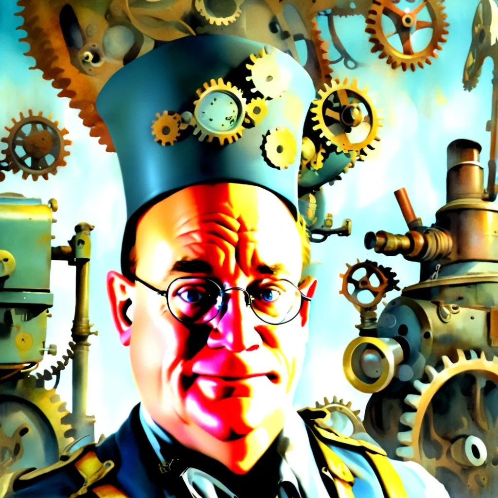 Prompt: (Humorous portrait), steampunk style, caricature drawing, pencil color  scheme, detailed facial features, piercing blue eyes, expressive eyes, exaggerated pleasant smile, vintage military attire, quirky accessories, Iron gears and machinery in the background, cozy ambiance, ultra-detailed, engaging composition that blends humor and artistry, creating a captivating visual narrative.