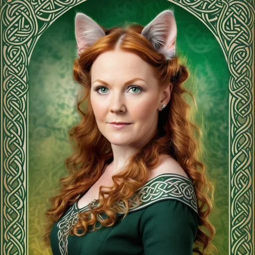 Prompt: 50 Year old Celtic woman with delicate cat ears, detailed Celtic Background