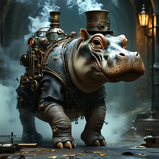 Prompt: Steam powered Anthro hippopotamus, (intricate details), (mechanical elements), dark color scheme, aged metal textures, eerie ambiance, Victorian design influences, haunting atmosphere, dramatic lighting, smoky background, high contrast shadows, ultra-detailed, masterful craftsmanship, surreal elements blended with industrial aesthetics, dark and whimsical.