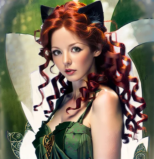 Prompt: Japanese illustration of Celtic woman  in her 40's with cat ears and tail lips parted, long red curly hair, long flowing dress, detailed green eyes,  delicate, beautiful, artistic, diffused lighting, detailed Scottish background