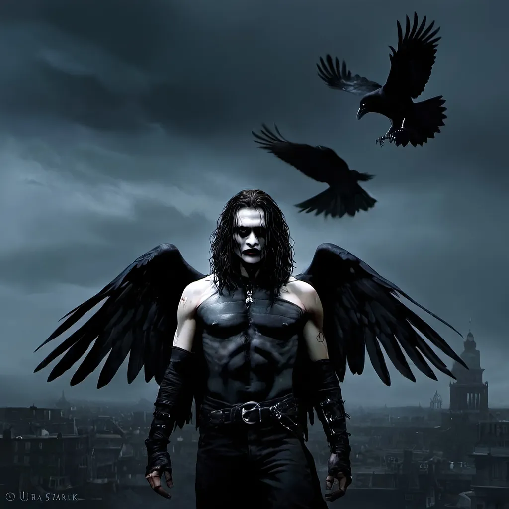 Prompt: (misc-macabre style), dark color scheme, (The Crow) movie character, haunting atmosphere, somber lighting, intricate details, dramatic shadows, urban background, mysterious mood, deep blues, stark blacks, intense contrasts, surreal elements, gothic aesthetics, ultra-detailed, cinematic quality, evoking feelings of melancholy and intrigue.