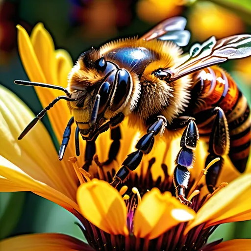 Prompt: (Close up Honey bee sipping nectar on a flower all six legs visible),  intricate wing details, nature, summer vibes, high-definition, ultra-detailed,  crisp focus, 4K.