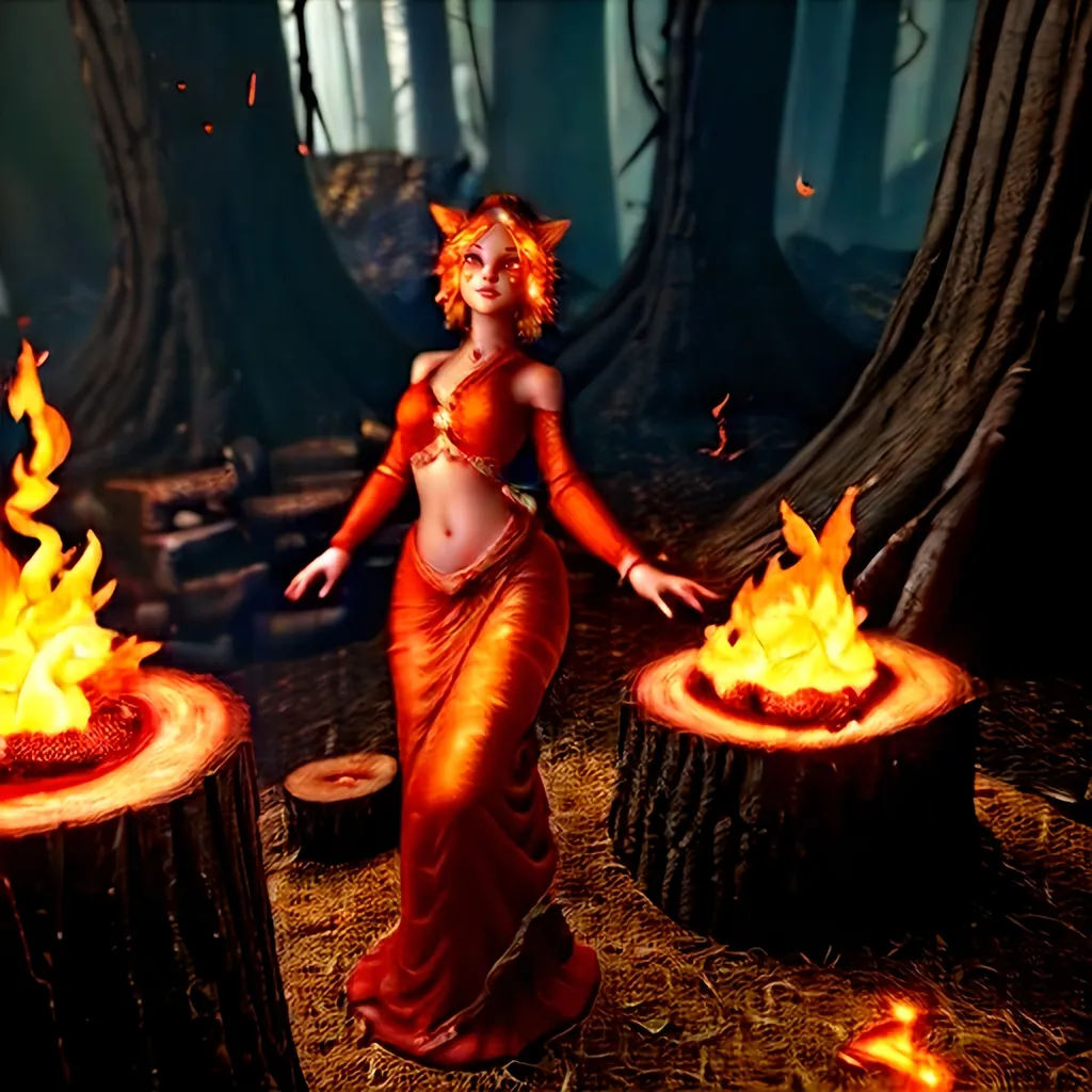 Prompt: (open hearth), (a female shaped flame elemental dancing atop the logs), fantasy style, warm color scheme, glowing embers illuminating the surroundings, ethereal ambiance, flickering shadows, intricate flames creating fluid motion, high detail, 4K, cinematic atmosphere, soft light casting a magical glow, enchanting and captivating scene.