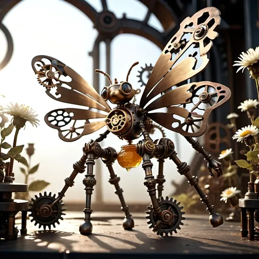 Prompt: (Metallic Steampunk Honey walking on a Cog flowers, all six legs visible), dark steampunk artstyle,  HD, 4K, crisp focus, atmospheric, intricate floral background with steampunk elements, metallic textures, gears and cogs intertwined with nature, soft sunlight filtering through, cinematic lighting, dramatic shadows, immersive and captivating scene.