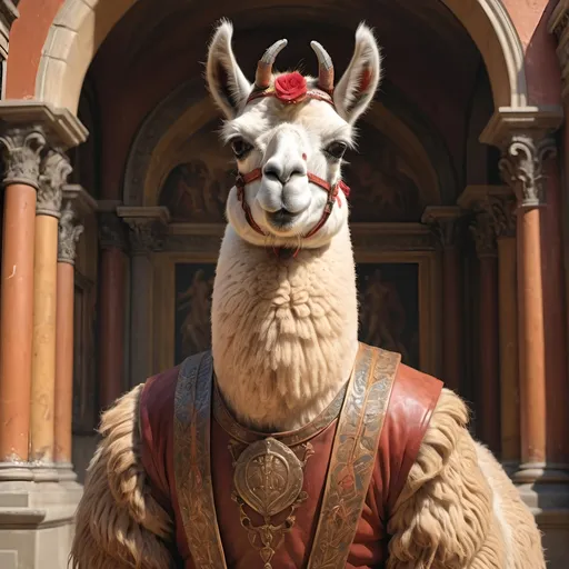 Prompt: (anthropomorphic llama, hugely muscled, heroic pose), (Renaissance art style), warm color palette, rich textures, detailed anatomy, dramatic lighting, heroic atmosphere, uplifting mood, intricate background featuring classical architecture, soft brush strokes, vivid depictions of strength and valor, highly detailed, 4K quality, evocative and timeless composition