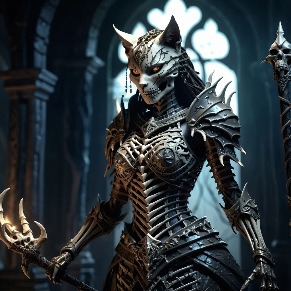 Prompt: skeletal bone Queen, dark color scheme, (fantasy RPG style), mysterious atmosphere, eerie background, intricate detailed armor, feline features woven into the design, dynamic pose, shadows and highlights emphasizing depth, high-adrenaline scene, (4K), ultra-detailed, magical aura surrounding the character, enchanting yet ominous vignette, dramatic composition.