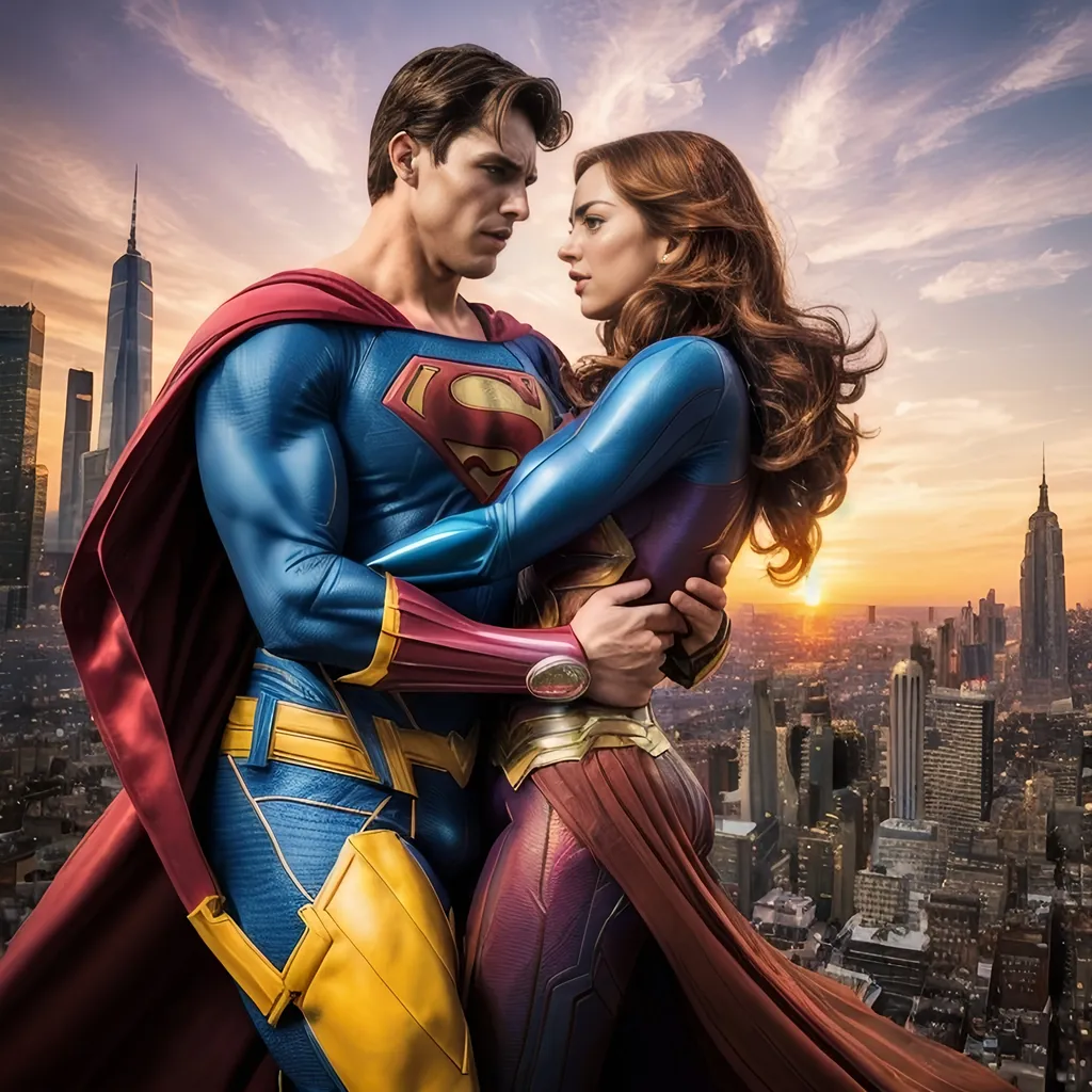 Prompt: Male and Female Superheroes In Love Touching each other