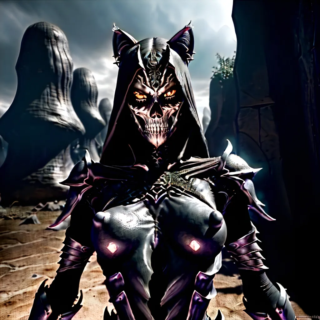 Prompt: skeletal bone Queen, dark color scheme, (fantasy RPG style), mysterious atmosphere, eerie background, intricate detailed armor, feline features woven into the design, dynamic pose, shadows and highlights emphasizing depth, high-adrenaline scene, (4K), ultra-detailed, magical aura surrounding the character, enchanting yet ominous vignette, dramatic composition.