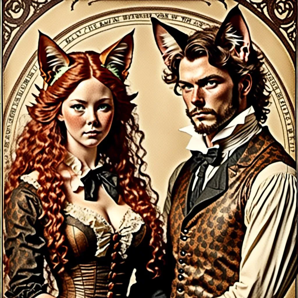 Prompt: <mymodel>couple with cat ears in vintage lithograph style, 1700's advertisement tools, matching cat ears to hair color, extremely detailed, vintage lithograph, sepia tones, detailed hair, intricate clothing, antique paper texture, high quality, vintage, detailed cat ears, historical, sepia lighting