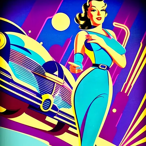 Prompt: futuristic-retro futurism style, (1940s pin-up women), vibrant warm color scheme, soft luminous lighting, nostalgic ambiance, elegant poses with playful expressions, vintage accessories, stylish hairdos, dreamy background blending futuristic elements with retro design, high detail and sharp focus, cinematic depth, the celebration of beauty throughout eras.