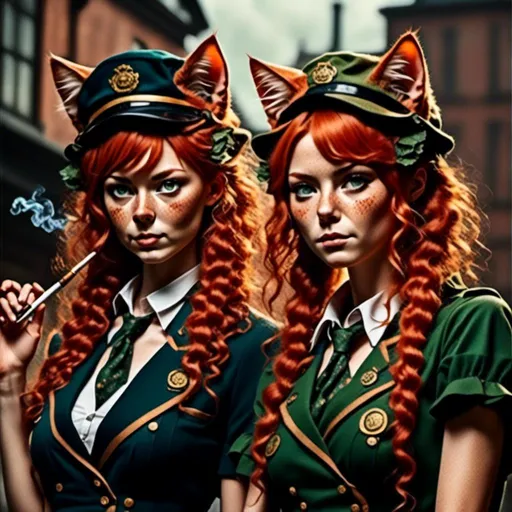 Prompt: <mymodel>Faded colors Old WWI Style Commercial smoking with with friends, detailed human facial anatomy, Cat ears Match Hair Color,  detailed background, faded colors, highres, professional
