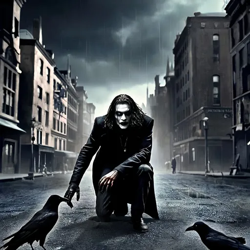 Prompt: (misc-macabre style), dark color scheme, (The Crow) movie character, haunting atmosphere, somber lighting, intricate details, dramatic shadows, urban background, mysterious mood, deep blues, stark blacks, intense contrasts, surreal elements, gothic aesthetics, ultra-detailed, cinematic quality, evoking feelings of melancholy and intrigue.