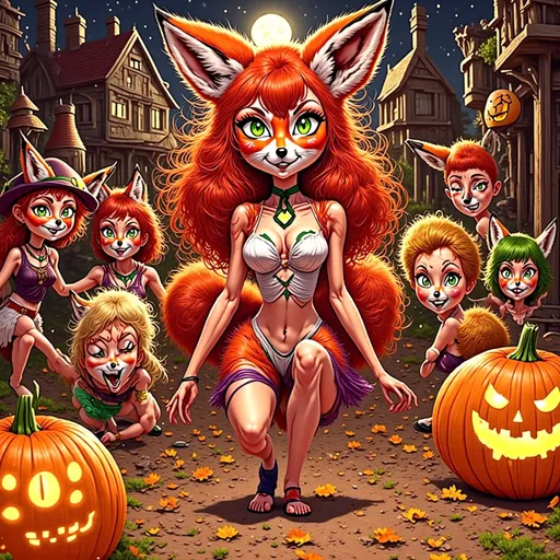 Prompt: (misc-manga style), warm color scheme, adorable Red Foxy character, dressed for Halloween, surrounded by excited neighborhood kids, joyfully trick-or-treating, festive costumes, glowing jack-o’-lanterns, spooky atmosphere, moonlit night sky, autumn leaves, playful expressions, high quality, ultra-detailed, engaging and cheerful vibe.