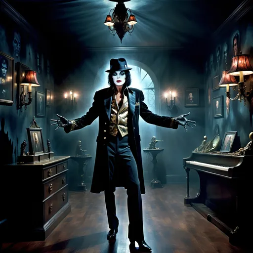 Prompt: (surrealism style image), (dark color scheme), a hauntingly dramatic scene inspired by Michael Jackson's Thriller, featuring an eerie ambiance with surreal elements, dynamic poses, featuring clearly visible portrait of Vincent Price on the back wall, moody lighting, high detail, captivating atmosphere, (HD), a blend of the mystical and the macabre.