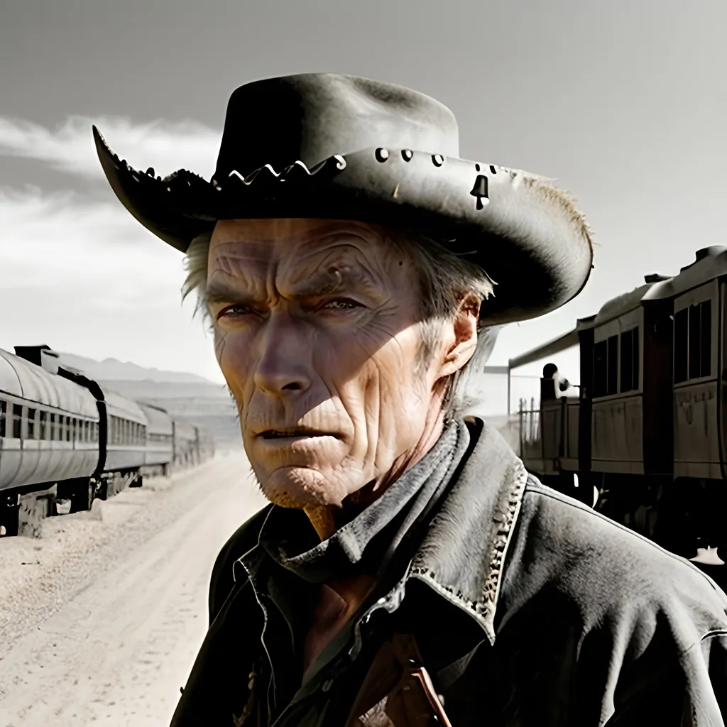 Prompt: Clint Eastwood as Johnna Hex Scar Partial closing half of his mouth, 
Old West Scene, Gunfight at High Noon, Wild West Town, Train on the Horizon  