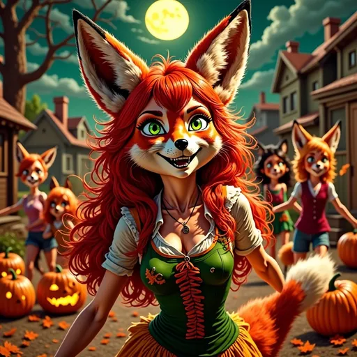 Prompt: Red Foxy character, dressed for Halloween, surrounded by excited neighborhood kids, joyfully trick-or-treating, festive costumes, glowing jack-o’-lanterns, spooky atmosphere, moonlit night sky, autumn leaves, playful expressions, high quality, ultra-detailed, engaging and cheerful vibe.