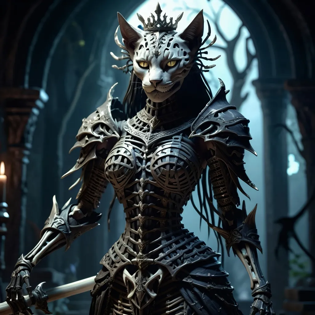 Prompt: skeletal bone Queen, dark color scheme, (fantasy RPG style), mysterious atmosphere, eerie background, intricate detailed armor, feline features woven into the design, dynamic pose, shadows and highlights emphasizing depth, high-adrenaline scene, (4K), ultra-detailed, magical aura surrounding the character, enchanting yet ominous vignette, dramatic composition.