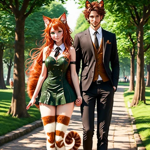 Prompt: <mymodel>Highly Detailed, couple walking hand in hand in park, detailed skin texture, cat ears matching hair color, detailed eyes, professional, highres