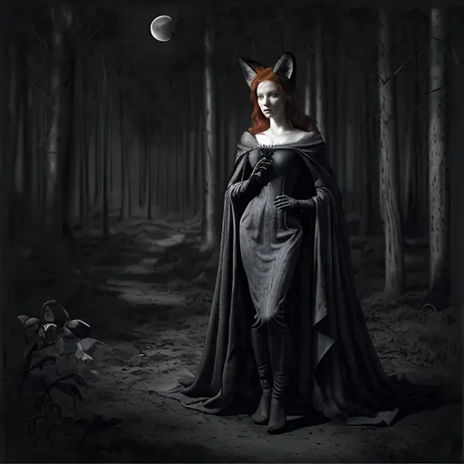 Prompt: <mymodel>(Redhead Woman with Fox ears, full body view,  dressed wearing a red cloak walking in a dark forest), (renaissance art style), (dark color scheme), (dark overcast night), moon shining into the woods, fear and tension palpable, creature lurking shadows creeping in, dark intricate details in foliage, dramatic light contrasts, melancholy ambiance, oil painting texture, mysterious mood, deep blues and muted grays, (4K), leaves rustling softly, creating a sense of isolation and dread.