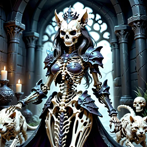 Prompt: skeletal bone Queen, dark color scheme, (fantasy RPG style), mysterious atmosphere, eerie background, intricate detailed armor, feline features woven into the design, dynamic pose, shadows and highlights emphasizing depth, high-adrenaline scene, (4K), ultra-detailed, magical aura surrounding the character, enchanting yet ominous vignette, dramatic composition.