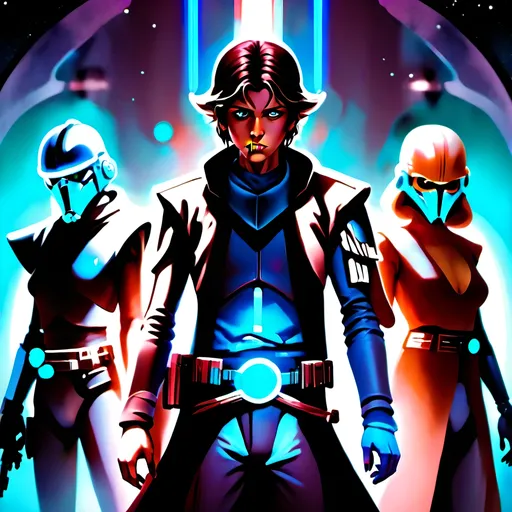 Prompt: anime style, (dark color scheme), outlaw characters from Star Wars, unique poses, rebellious vibes, high-contrast shadows, moody atmosphere, intricate details in character design, dynamic expressions, depth in lighting, (vibrant highlights), ultra-detailed artwork, dramatic ambiance, sci-fi elements, thematic background reflecting a galactic setting.