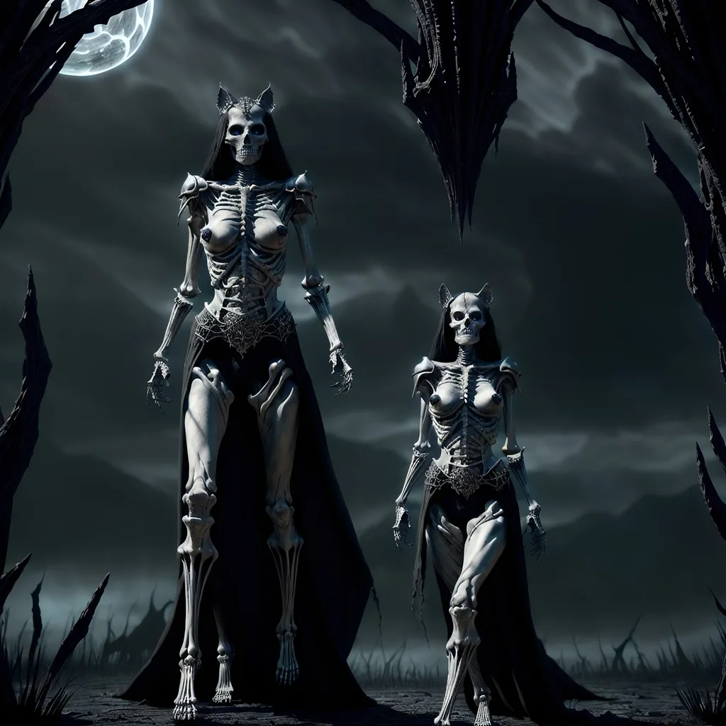 Prompt: skeletal bone Queen, dark color scheme, (fantasy RPG style), mysterious atmosphere, eerie background, intricate detailed armor, feline features woven into the design, dynamic pose, shadows and highlights emphasizing depth, high-adrenaline scene, (4K), ultra-detailed, magical aura surrounding the character, enchanting yet ominous vignette, dramatic composition.