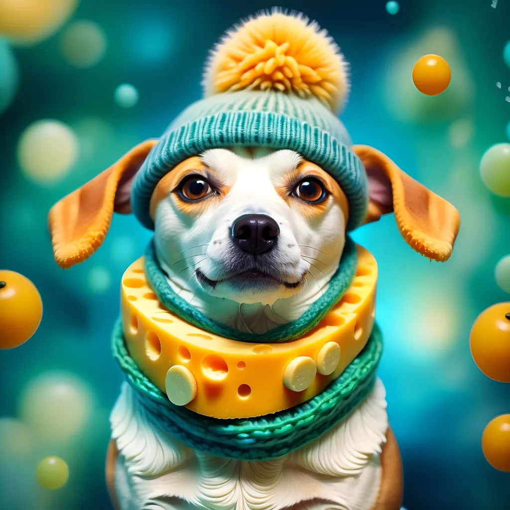 Prompt: Dog composed of cheese, (wearing a winter hat and a beanscarf), whimsical and playful, cool color scheme, soft blues and greens, dreamlike atmosphere, abstract background of melting shapes, ethereal lighting, intriguing contrasts, imaginative representation, (highly detailed) textures of cheese, emotional warmth and charm, (4K, ultra-detailed).