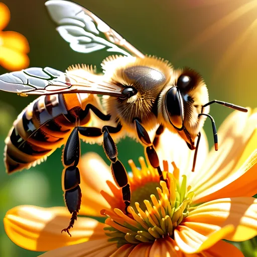 Prompt: Close up (Honey bee sipping nectar on a flower, all six legs visible), intricate wing details, nature, summer vibes, warm color scheme, photorealism, crisp focus, ultra-detailed, high-definition, 4K, vibrant colors, sunlight filtering through, blooming flowers in the background, tranquil atmosphere, vivid yellow, orange, and green tones, cinematic depth, breathtaking natural beauty.