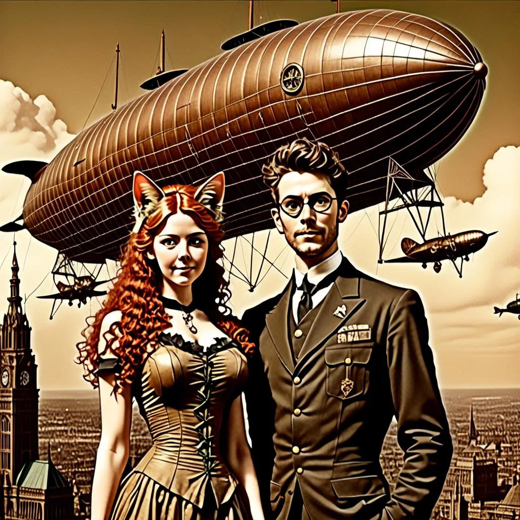 Prompt: <mymodel>high quality vintage lithograph, Full body view of Couple  with human faces and goggles, cat ears, Dirigible Advertisement, matching cat ears to hair color, extremely detailed, intricate clothing, intricate, historical, detailed hair, detailed Blimp in background,  detailed eyes, atmospheric lighting, vintage sepia tones