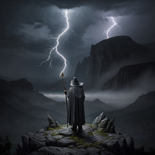 Prompt: (photorealistic) fantasy scene, (dramatic lighting), wizened old wizard with a pointed hat, long flowing robes, standing on a rocky mountainside, calling down lightning with his staff, (dark color scheme), mystical ambiance, swirling clouds overhead, electric energy in the air, high detail, ultra-detailed, capturing an epic moment with a sense of power, wonder, and magic.