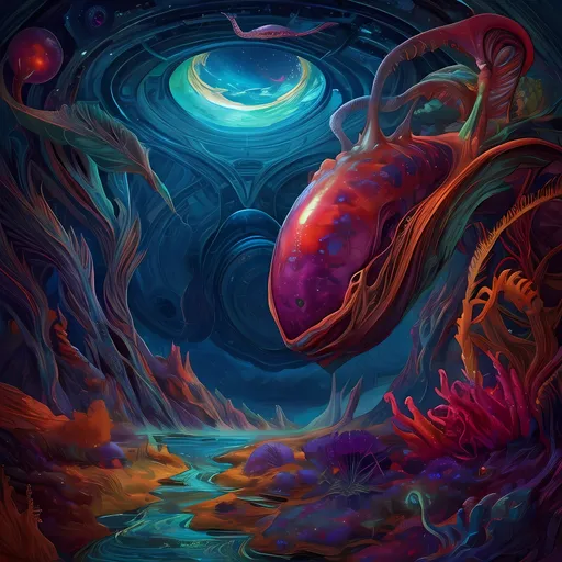 Prompt: (surrealism style), (alien planet), vibrant warm colors, fantastical alien flora, exotic fauna, dreamlike landscape, ethereal atmosphere, imaginative forms, oversized plants, glowing bioluminescent life forms, whimsical creatures, expansive alien sky with striking colors, high depth contrasts, ultra-detailed, captivating scene, inviting exploration, otherworldly ambiance.